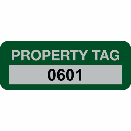 LUSTRE-CAL Property ID Label PROPERTY TAG5 Alum Green 2in x 0.75in  Serialized 0601-0700, 100PK 253740Ma1G0601